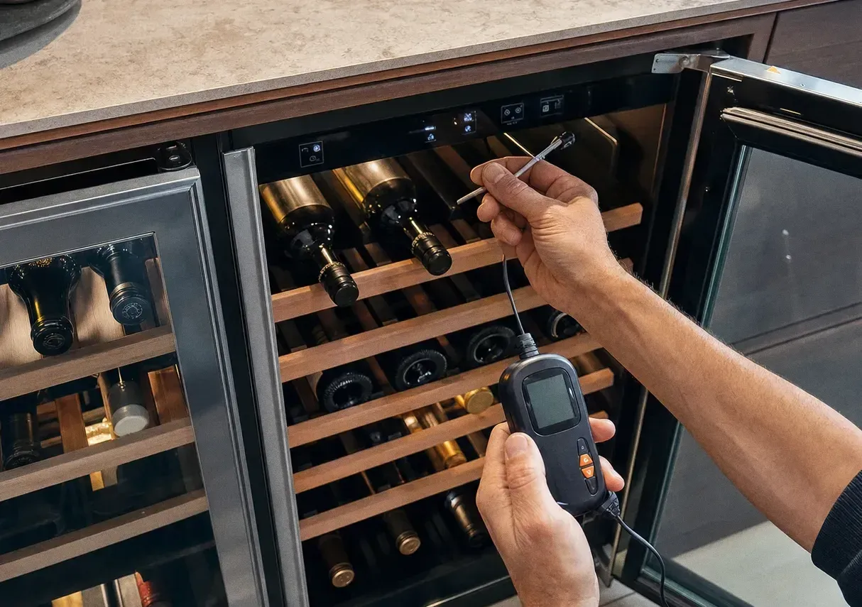Bottles resting on wooden wine-cabinet racks with a handheld digital thermometer held at the opening