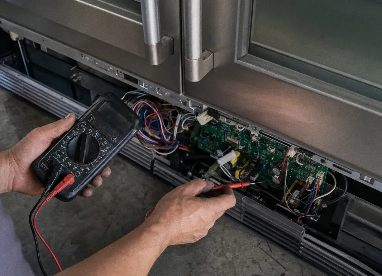 Hand holding a black multimeter probe against a circuit board mounted behind the lower grille of a built-in appliance