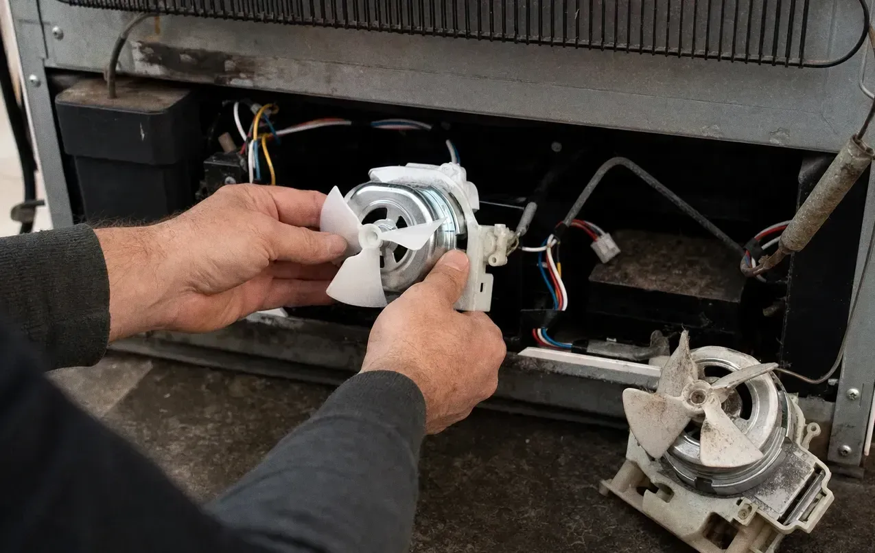 Two hands holding a small evaporator fan motor with its white blade and wiring harness above a work surface
