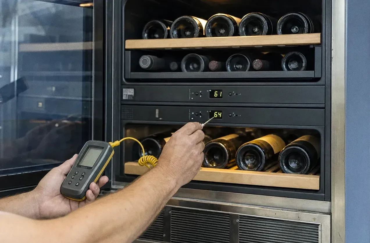 Two lit digital zone displays on a dual-zone wine cabinet, a handheld probe thermometer held beneath them