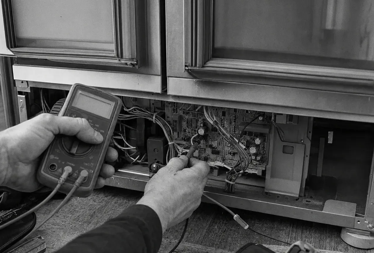 Desaturated frame of an opened service panel below panelled cabinetry, meter probes held against the board inside